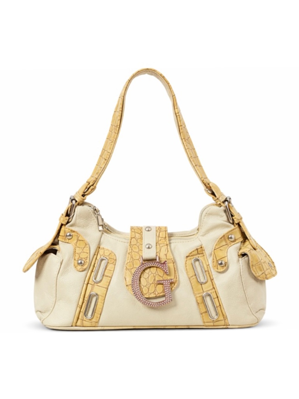 Cream & Yellow Shoulder Bag with Decorative G Accent